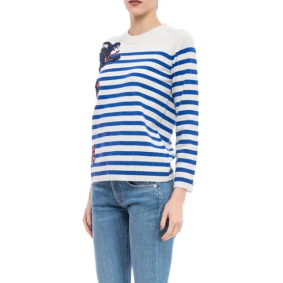 Zadig & Voltaire Lilo Bis Striped Sweater Dragon Motif Wool Cashmere Cream Blue - Picture 5 of 11